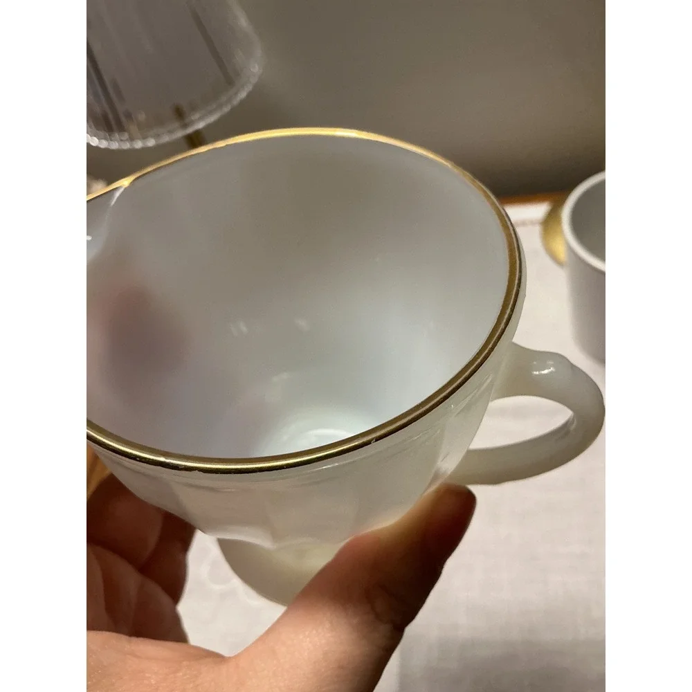 Vintage Fire-King Swirl Milk Glass Creamer Gold Rim Anchor‎ Hocking Creamer